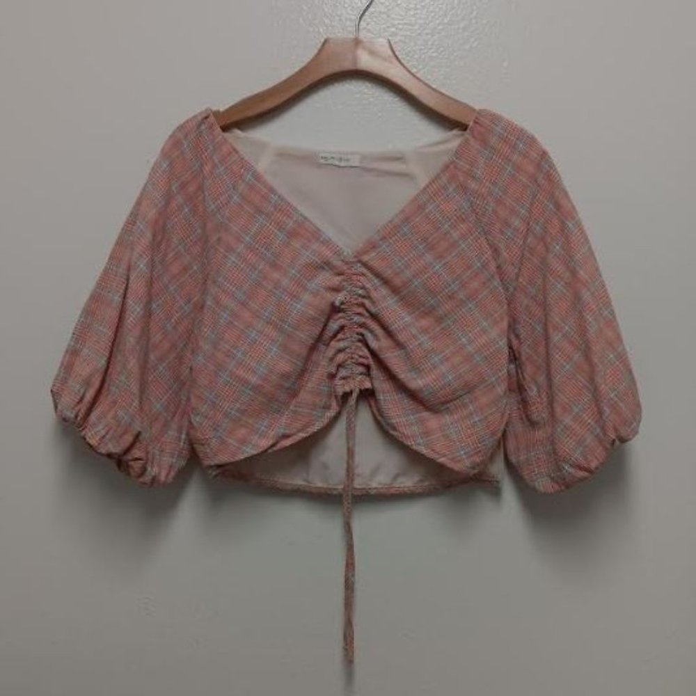 V- neck Plaid Crop Top With Raglan Sleeves , size S